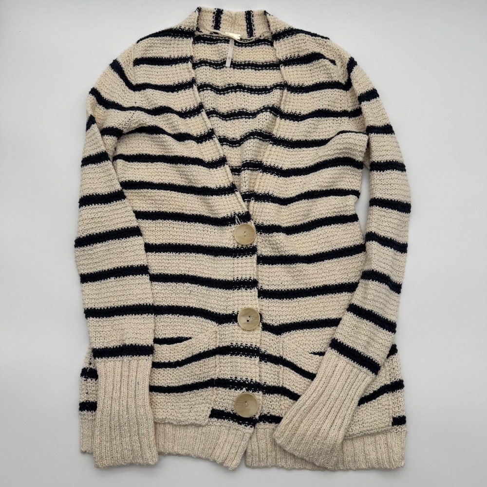 Free People Beach Striped Button Front Cardigan Sweater Cream Navy XS